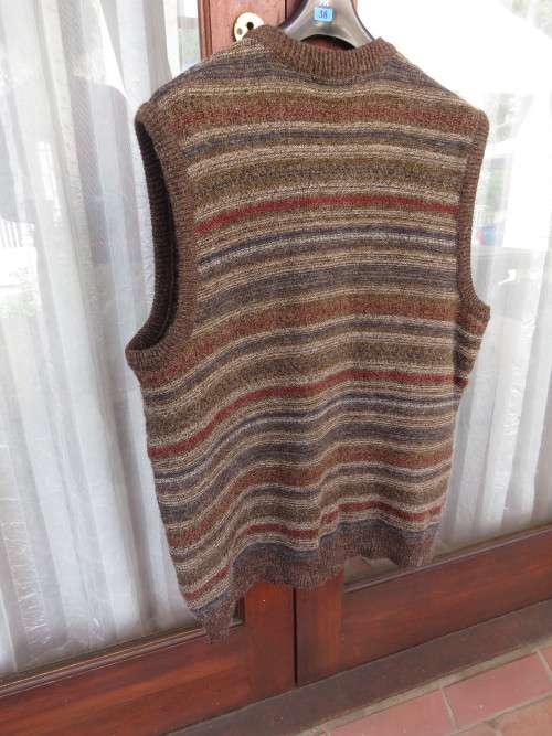 Handsome as new men`s acrylic knit sleeveless cardigan in brown and dark colours pattern lines.XL