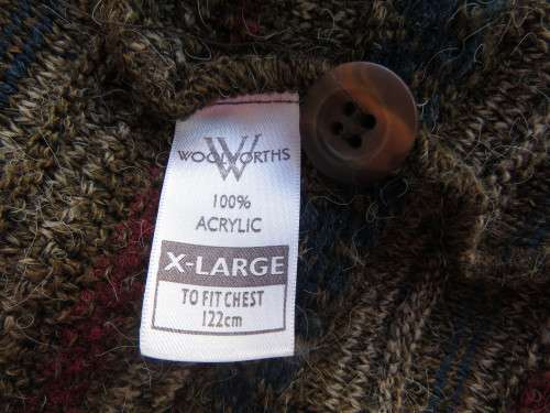 Handsome as new men`s acrylic knit sleeveless cardigan in brown and dark colours pattern lines.XL