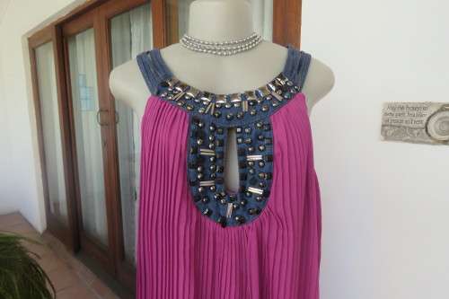 Sexy violet colour smart casual permanent pleated loose fully lined dress size 36/38.Denim neckline.