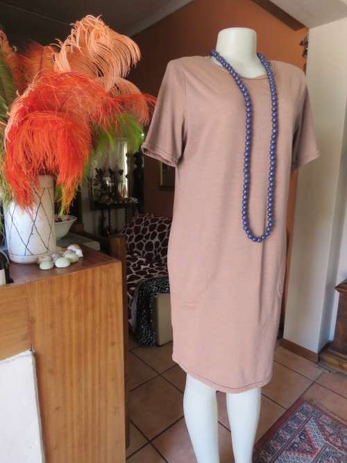 Comfy slip over T Shirt style short sleeve tunic under knee length dress.Size 38.Coral/navy mottled.