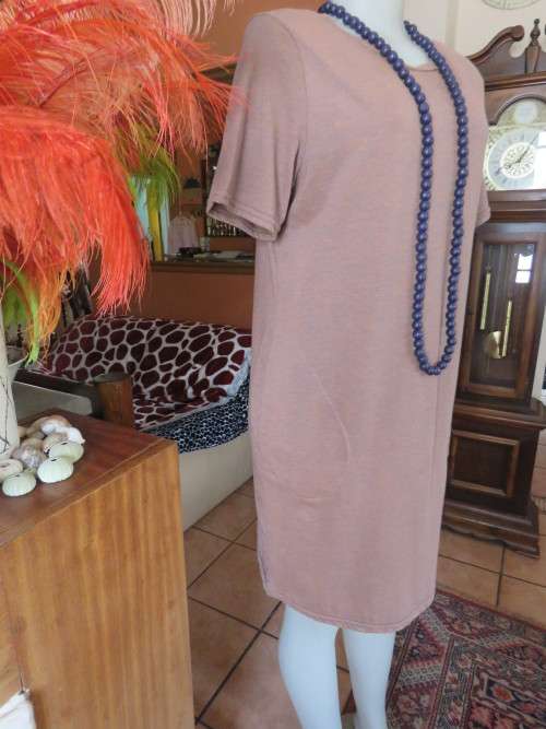 Comfy slip over T Shirt style short sleeve tunic under knee length dress.Size 38.Coral/navy mottled.