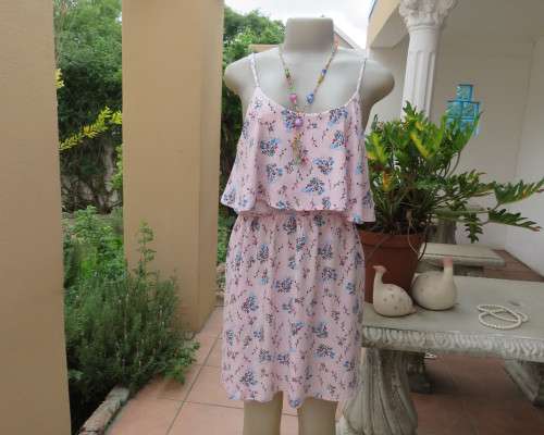 Cute little strappy dress in pale pink/white with red/blue tiny flowers.Size 38.With top overlay