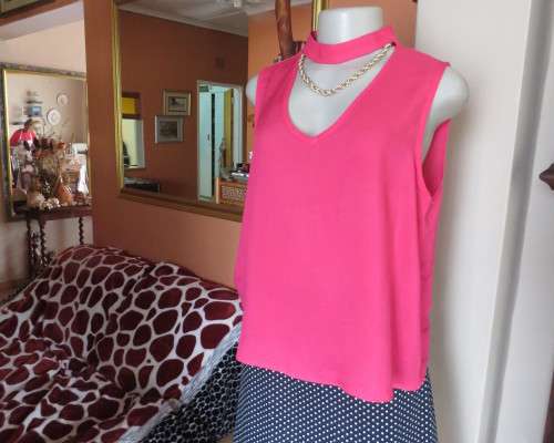 Sweet crimson pink slip over top with V front and banded collar.Size 38/14.Slit at back with buttons