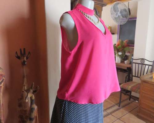 Sweet crimson pink slip over top with V front and banded collar.Size 38/14.Slit at back with buttons