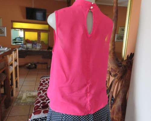 Sweet crimson pink slip over top with V front and banded collar.Size 38/14.Slit at back with buttons