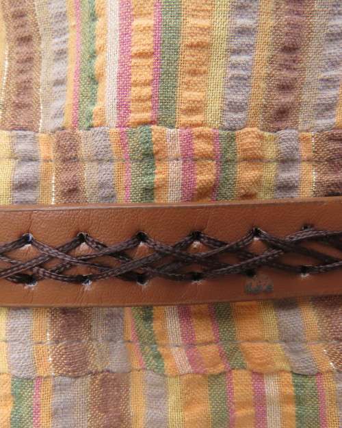 Unique long striped button down top in autumn colours and gold thread.By FOSHINI size 40/16.Hip band