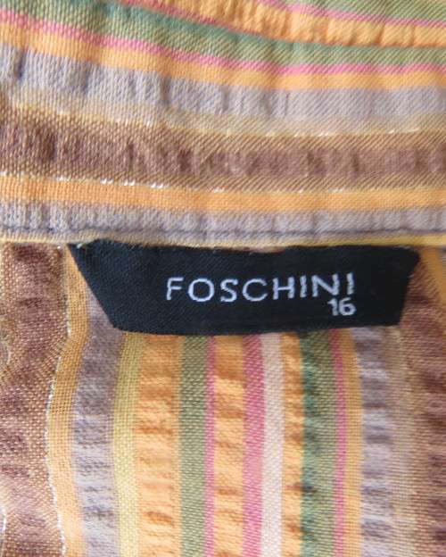 Unique long striped button down top in autumn colours and gold thread.By FOSHINI size 40/16.Hip band