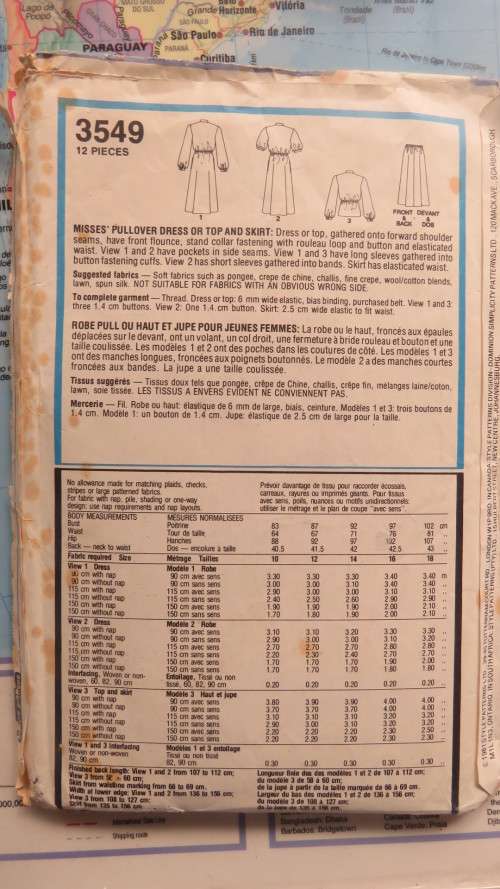 Style sewing pattern 3549 for dress in 3 versions. Size 10 to 18. Good condition