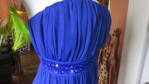 Hot strapless royal blue evening dress.Sheer overskirt.Ruched in top.Embellished.Size 32.Truworths.