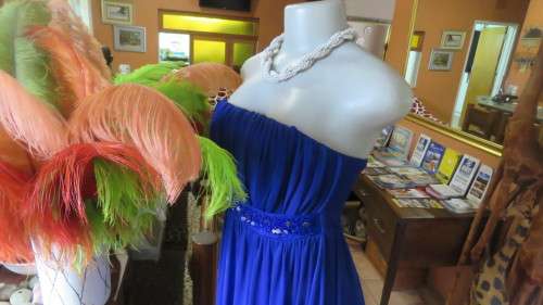 Hot strapless royal blue evening dress.Sheer overskirt.Ruched in top.Embellished.Size 32.Truworths.