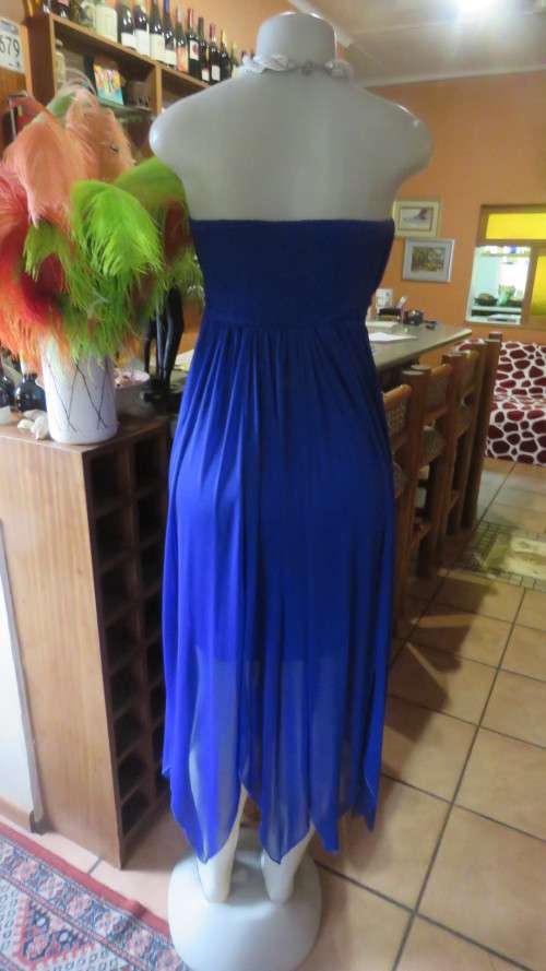 Hot strapless royal blue evening dress.Sheer overskirt.Ruched in top.Embellished.Size 32.Truworths.