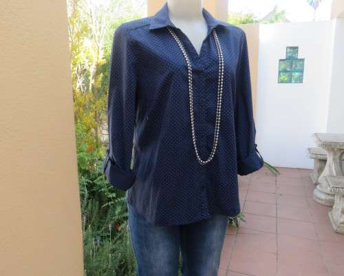 As new navy polycotton stretch long sleeve shirt.Skyblue polkadots.Open collar.Size 38 by MILADY`S