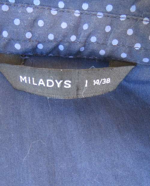 As new navy polycotton stretch long sleeve shirt.Skyblue polkadots.Open collar.Size 38 by MILADY`S