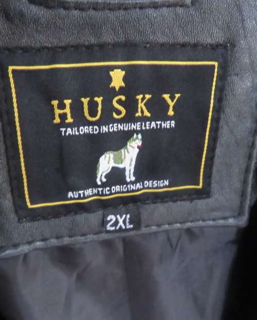 Genuine leather black Men`s jacket authentic original design.By HUSKY size 2XL.Pockets galore.As new