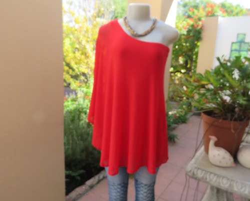 Amazing red one shoulder bodycon stretch rayon top with extra wide nylon overlay on side.Size 32/34.