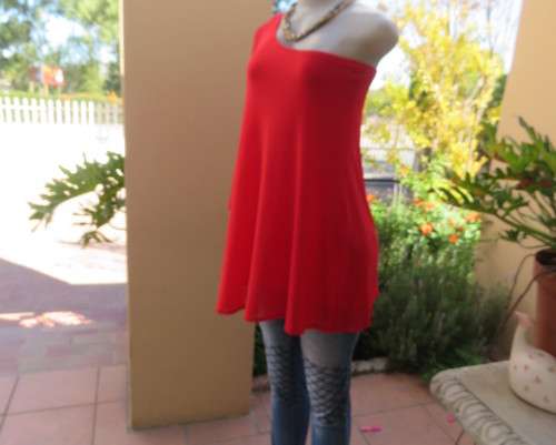 Amazing red one shoulder bodycon stretch rayon top with extra wide nylon overlay on side.Size 32/34.