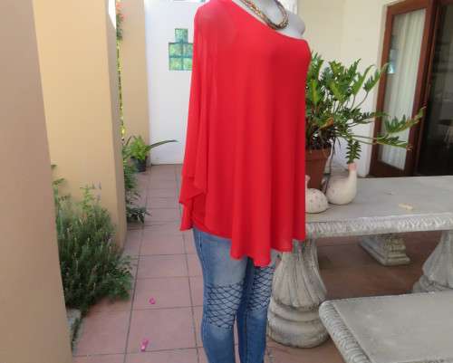 Amazing red one shoulder bodycon stretch rayon top with extra wide nylon overlay on side.Size 32/34.