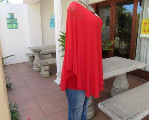 Amazing red one shoulder bodycon stretch rayon top with extra wide nylon overlay on side.Size 32/34.