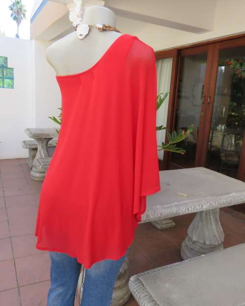 Amazing red one shoulder bodycon stretch rayon top with extra wide nylon overlay on side.Size 32/34.