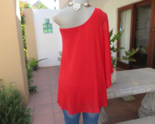 Amazing red one shoulder bodycon stretch rayon top with extra wide nylon overlay on side.Size 32/34.
