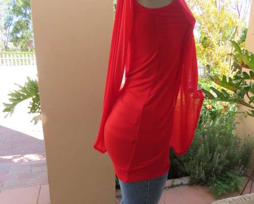 Amazing red one shoulder bodycon stretch rayon top with extra wide nylon overlay on side.Size 32/34.