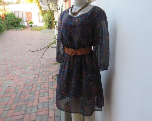 Marvelous sheer polyester lined slip over dress in blues,peach and gold paisley pattern.Size 38/14