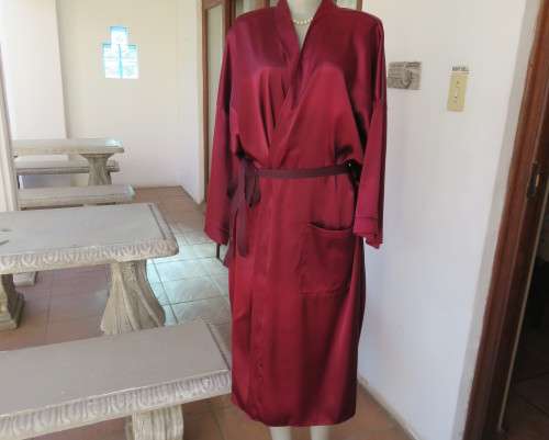 High quality silky satin polyester maroon fold over ankle length night gown.By MEURICE in size 48/24