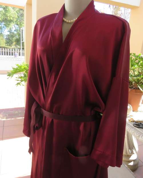High quality silky satin polyester maroon fold over ankle length night gown.By MEURICE in size 48/24