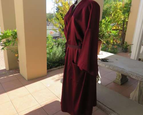High quality silky satin polyester maroon fold over ankle length night gown.By MEURICE in size 48/24