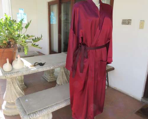 High quality silky satin polyester maroon fold over ankle length night gown.By MEURICE in size 48/24