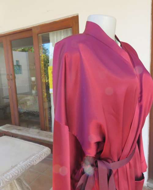 High quality silky satin polyester maroon fold over ankle length night gown.By MEURICE in size 48/24