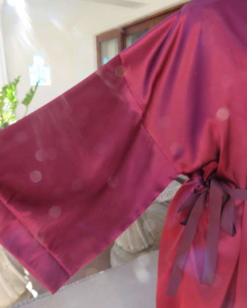 High quality silky satin polyester maroon fold over ankle length night gown.By MEURICE in size 48/24