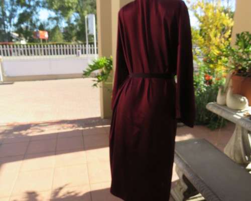 High quality silky satin polyester maroon fold over ankle length night gown.By MEURICE in size 48/24
