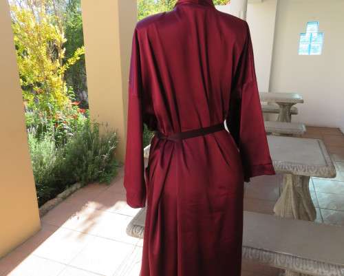 High quality silky satin polyester maroon fold over ankle length night gown.By MEURICE in size 48/24