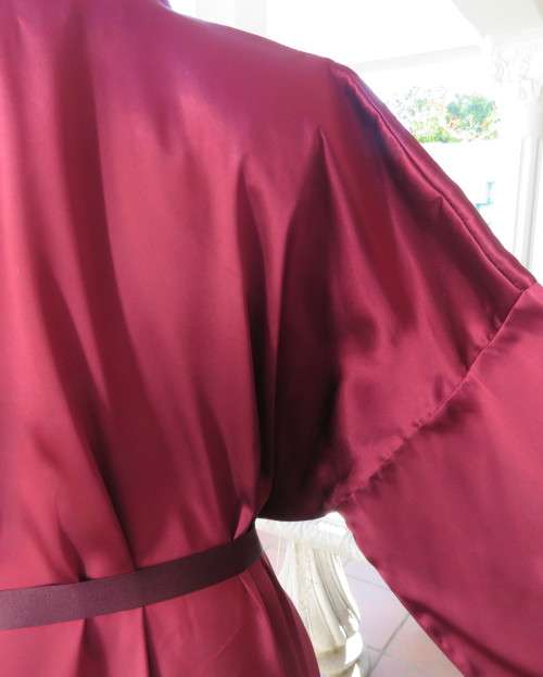High quality silky satin polyester maroon fold over ankle length night gown.By MEURICE in size 48/24