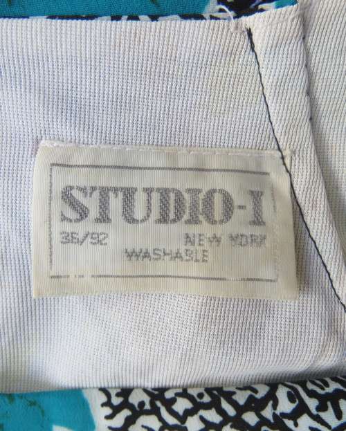 STUDIO-1 silky polyester black-white dropped waist vintage dress with jade flowers Size 36.