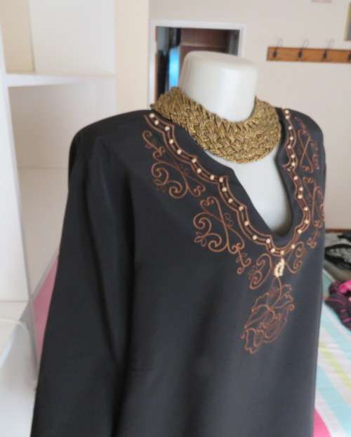 Luxury black silky slip over sweetheart neckline top in 48/24 by DONNA CLAIRE.Embellished.As new