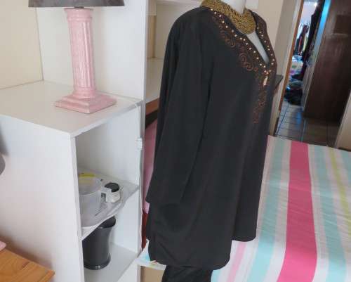 Luxury black silky slip over sweetheart neckline top in 48/24 by DONNA CLAIRE.Embellished.As new