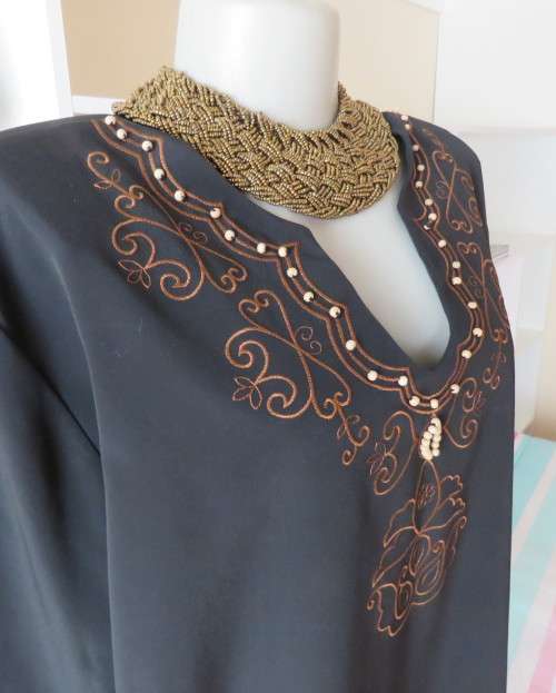 Luxury black silky slip over sweetheart neckline top in 48/24 by DONNA CLAIRE.Embellished.As new