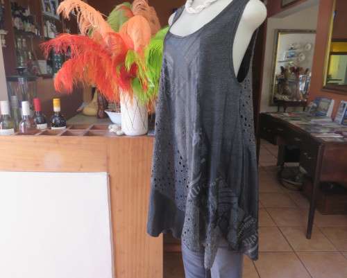 Sexy,shiny black long top with scooped neckline.Size 38/14.Circle panels in lace and poly.As new