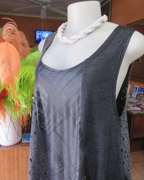 Sexy,shiny black long top with scooped neckline.Size 38/14.Circle panels in lace and poly.As new