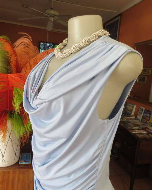 Stylish powder blue poly stretch top with soft flowing neckline and gathered sides by OASIS size 38
