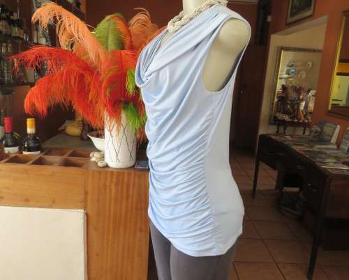 Stylish powder blue poly stretch top with soft flowing neckline and gathered sides by OASIS size 38