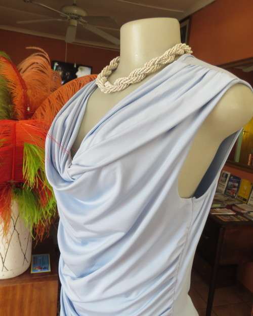 Stylish powder blue poly stretch top with soft flowing neckline and gathered sides by OASIS size 38