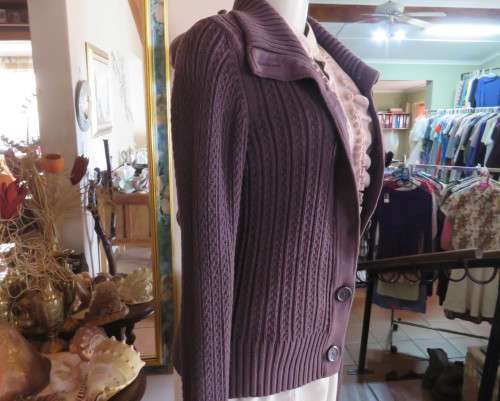 Heavy cotton knit button down long sleeve anchor grey cardigan.High collar.By OLD KHAKI.Size 34/36
