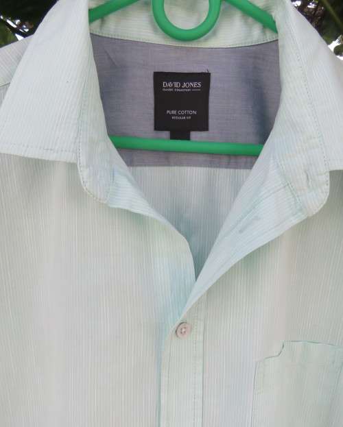 Best quality DAVID JONES pure cotton mint green/white striped short sleeve shirt in LARGE. New cond.