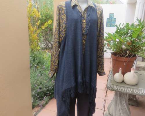 Handy extra long slate grey knitted 100% acrylic waterfall style gilet.Size 42 to 44.Fringed.As new