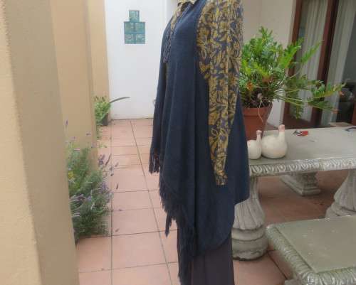 Handy extra long slate grey knitted 100% acrylic waterfall style gilet.Size 42 to 44.Fringed.As new