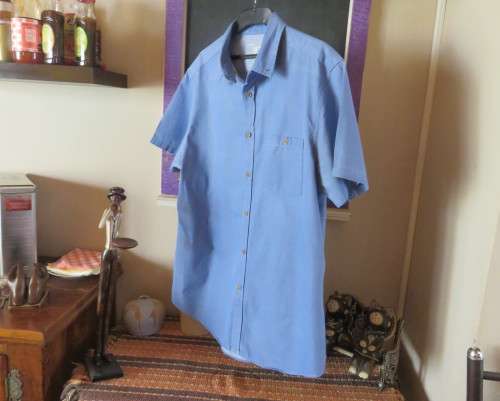 High class denim blue short sleeve casual Men`s shirt by WOOLWORTHS.One pocket.Slim fit size Large.