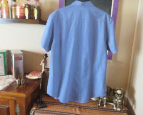 High class denim blue short sleeve casual Men`s shirt by WOOLWORTHS.One pocket.Slim fit size Large.